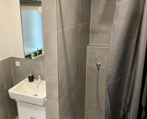 uma casa de banho com um chuveiro e um lavatório. em Fair, University, BVB em Dortmund