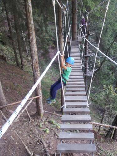 a young boy on a rope swing bridge in the woods at Villa Hubertus in Ortisei