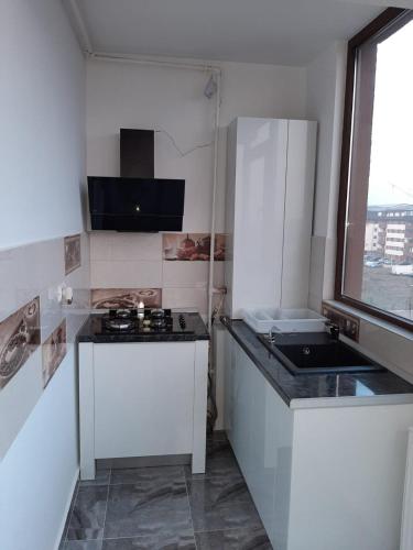 a small white kitchen with a sink and a window at Luxury Daniel Apartament Residence Militari in Roşu