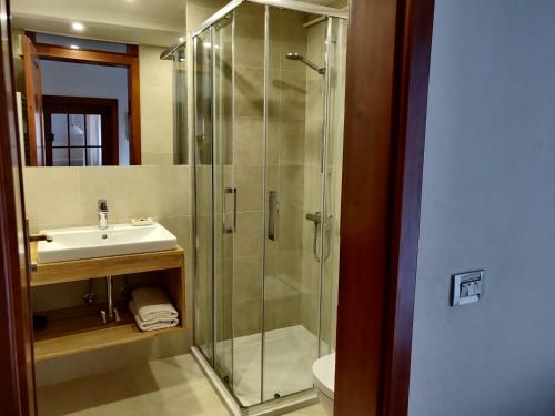 a bathroom with a glass shower and a sink at Apartment Kenda in Bovec