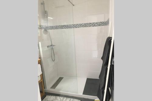 een badkamer met een douche en een glazen deur bij Appart T2 Saint Raphael - Valescure in Saint-Raphaël