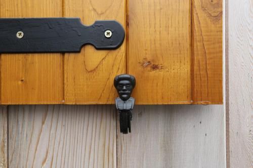 a black door knocker on a wooden door at B&B Dream On Wheels in Lommel