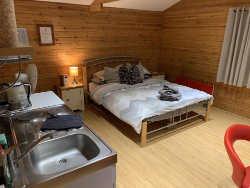 a small bedroom with a bed and a sink at Southernwood - Garden Lodge 4 in Didcot