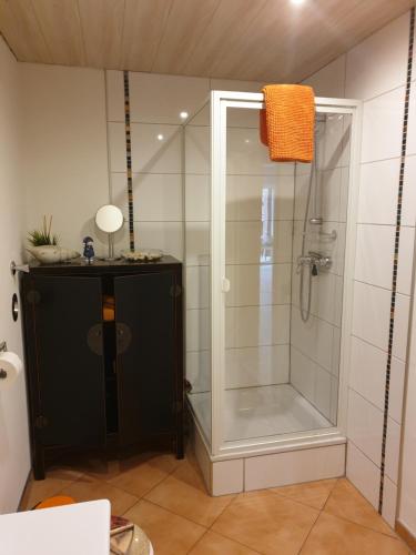 um chuveiro com uma porta de vidro na casa de banho em Ferienwohnung Neuss Spelter em Neuss