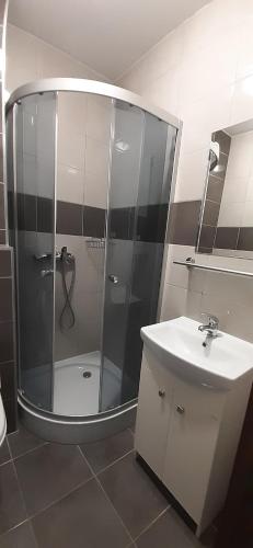 La salle de bains est pourvue d'une douche et d'un lavabo. dans l'établissement "Sevach" Ustronie Morskie, à Ustronie Morskie