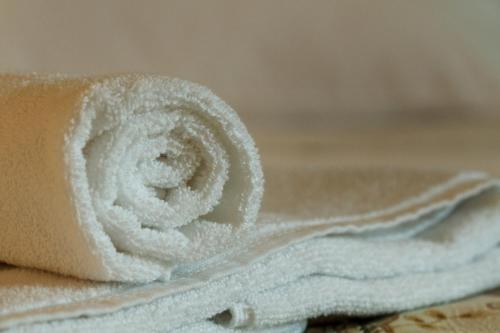 a roll of toilet paper on a pile of towels at Estrada Real Palace Hotel in Brumadinho