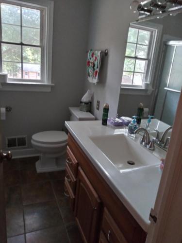 a bathroom with a sink and a toilet and a mirror at Caribbean Comfort Zone in Chesterfield