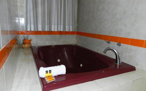a red bath tub with a roll of toilet paper at Hotel Uxulkah in Campeche