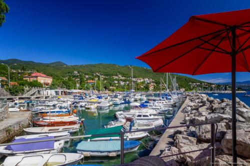 a bunch of boats docked in a harbor with an umbrella at Apartment Toni in Ičići