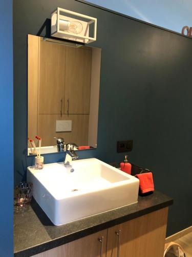 La salle de bains est pourvue d'un lavabo blanc et d'un miroir. dans l'établissement By Chris, à Malmedy