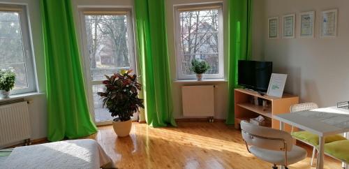 Oborniki ŚląskieにあるZielone Studioの緑のカーテン、テーブル、パソコンが備わる客室です。