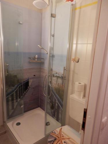 a bathroom with a shower with a view of the ocean at Ostseeblick Heiligenhafen in Heiligenhafen