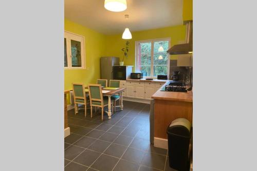 une cuisine avec des murs jaunes, une table et des chaises dans l'établissement la Grenouillère, à Jars