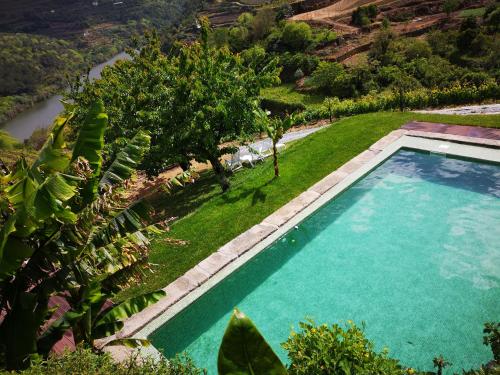 an overhead view of a swimming pool next to a river at Quinta Barqueiros D'Ouro - Casa da Música in Mesão Frio