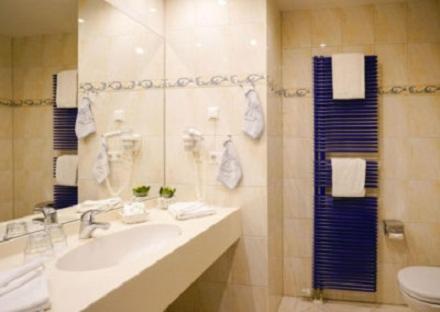 a bathroom with a sink and a mirror and a toilet at Seehotel Berlin-Rangsdorf in Rangsdorf