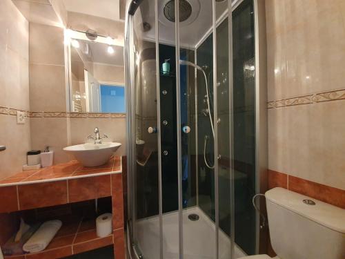 a bathroom with a shower and a sink at Le Merle Châtelain in Sion