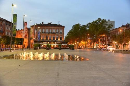 a street with a fountain in the middle of a city at PIED A TERRE DE CHARME - 80 m2 - Hyper centre - Parking in Albi