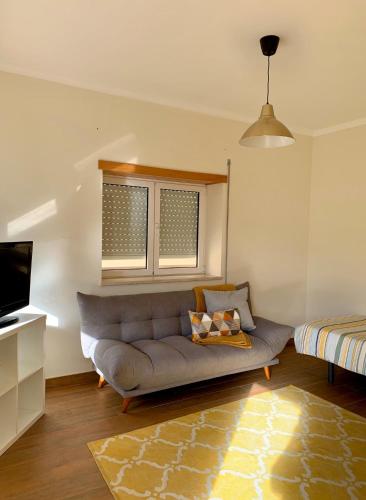 a living room with a couch and a television at Beach House (Leirosa) in Figueira da Foz