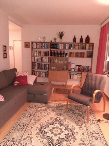 ein Wohnzimmer mit Sofa und Bücherregal in der Unterkunft Apartment Vuorikatu 35 Mummola in Kuopio