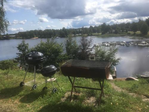 a grill and smoker next to a lake at Fegens Vandrarhem in Fegen