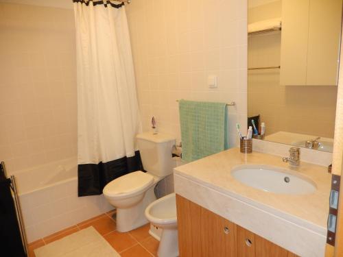 ein Badezimmer mit Waschbecken, Toilette und Dusche in der Unterkunft Apartamento Bela Vista in Porto Santo