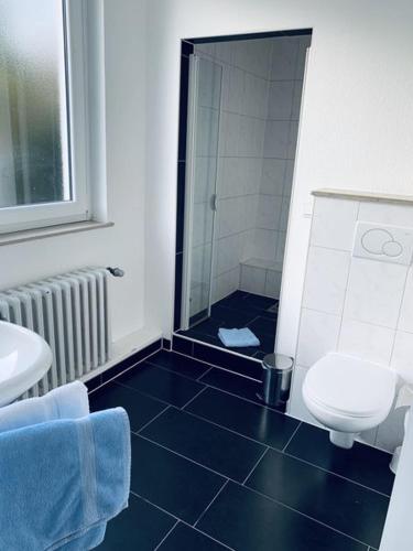 y baño con ducha, aseo y lavamanos. en Gästehaus Bögemann, en Bad Rothenfelde