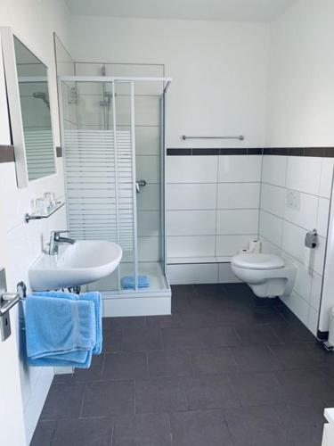 a bathroom with a sink and a shower and a toilet at Gästehaus Bögemann in Bad Rothenfelde