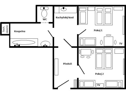 a black and white floor plan of a house at Apartmány Karlštejn in Karlštejn