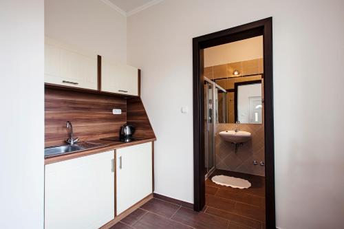 a small bathroom with a sink and a toilet at Kocsis Apartman és Camping in Mosonmagyaróvár