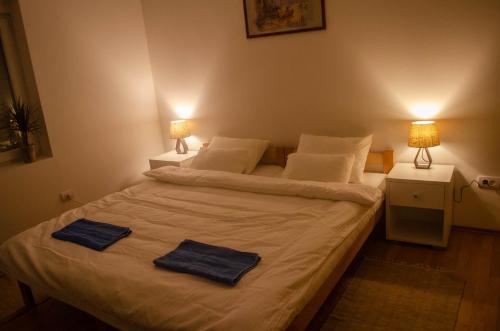ein Schlafzimmer mit einem Bett mit zwei Handtüchern darauf in der Unterkunft Radoš - Nova gradnja - Stan na dan in Gornji Milanovac