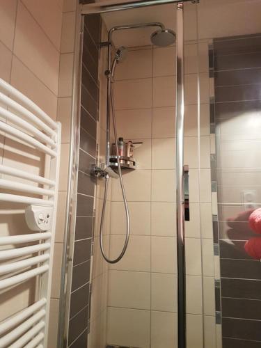 a shower with a shower head in a bathroom at Studio rénové, calme avec Terrasse S-O, prestations de qualité - Résidence Les Adraits in Les Rousses