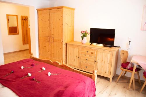 ein Schlafzimmer mit einem Bett mit einer roten Decke und einem TV in der Unterkunft Apartments Marie B in Hallstatt