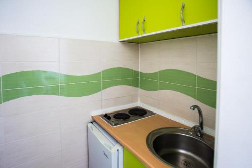 una pequeña cocina con fregadero y azulejos verdes y blancos en Villla Elkom, App 10 en Ulcinj