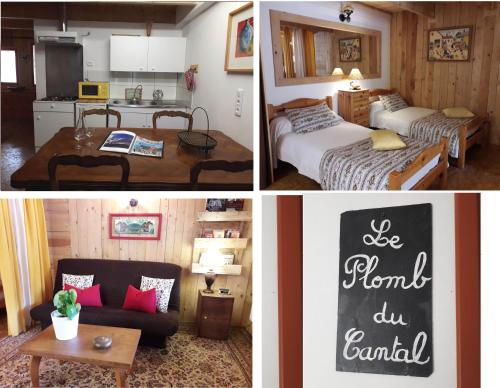 two pictures of a room with two beds and a kitchen at Meublé de tourisme La Jaulipière in Joursac