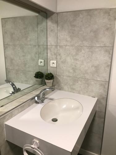 une salle de bain avec un lavabo blanc et un miroir dans l'établissement Studio Meublé Vue Mer, au Havre