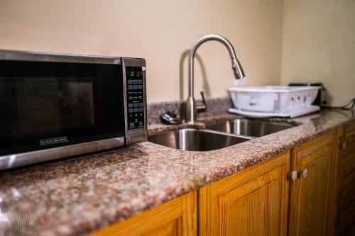 a kitchen counter with a sink and a microwave at Connie's Comfort Suites in Saint Johnʼs