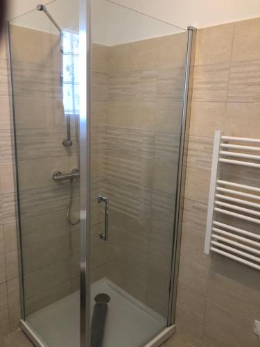 La salle de bains est pourvue d'une douche avec une porte en verre. dans l'établissement L'Alivu, à Ajaccio
