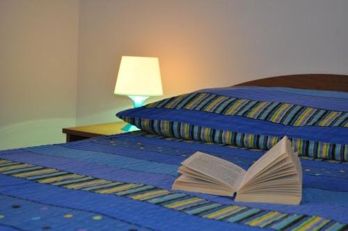 ein offenes Buch auf einem Bett mit einer Lampe in der Unterkunft Poseidon Apartments in Plomin