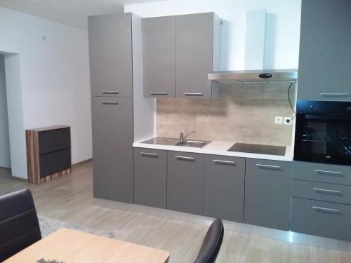 a kitchen with gray cabinets and a sink at House apartments Ariamare in Poreč