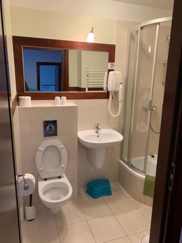 a bathroom with a toilet and a sink and a shower at Apartament Villa Baltic - Chalupy in Chałupy