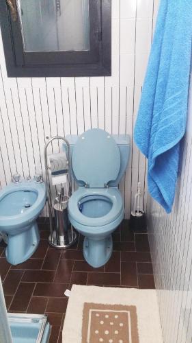a bathroom with a blue toilet and a sink at Singlin Home in Valtournenche