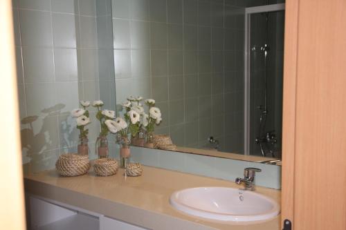 a bathroom counter with a sink and a mirror at Casa da Juka in Ponta Delgada