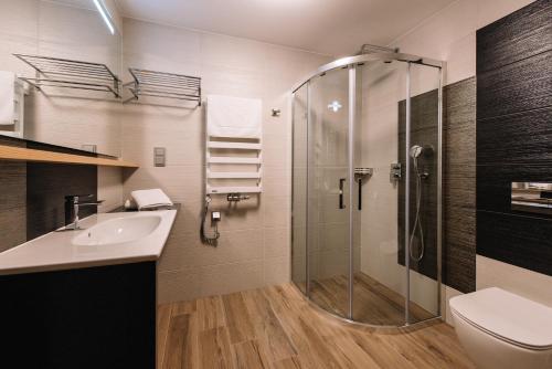 a bathroom with a shower and a sink and a toilet at Krowodrza Centrum Konferencyjno - Hotelowe in Kraków