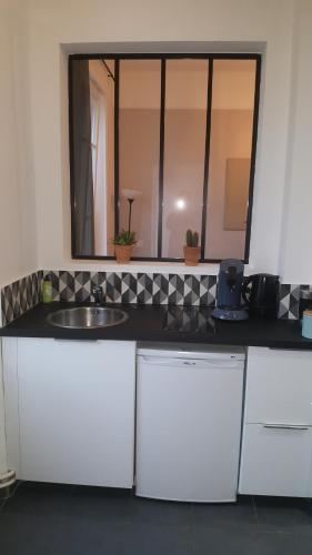 - un comptoir de cuisine avec un évier et un miroir dans l'établissement Studio Cosy 2 adultes, à Reims