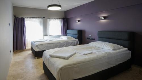 two beds in a room with purple walls at Adventure Inn Cappadocia in Göreme