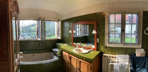 a green tiled bathroom with a sink and a bath tub at Les pommiers in Bouilland