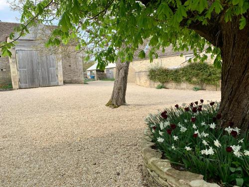 a garden with flowers and a tree and a building at The Old Dairy in Burford