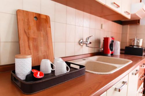 a kitchen counter top with a sink and a counter sidx sidx sidx at Velis apartment Thessaloniki in Thessaloniki