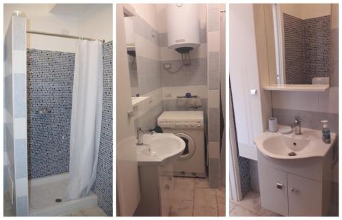 two pictures of a bathroom with a sink and a shower at EV 37 in Germignaga