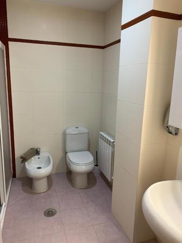 a bathroom with a toilet and a sink at Apartamentos Arosa in Isla de Arosa